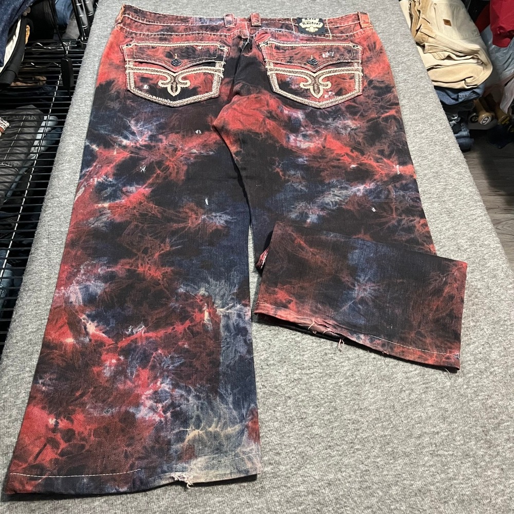 Rock Revival Dan Alt Straight TieDye Jeans Red Black Mens 44x30 baggy Distressed